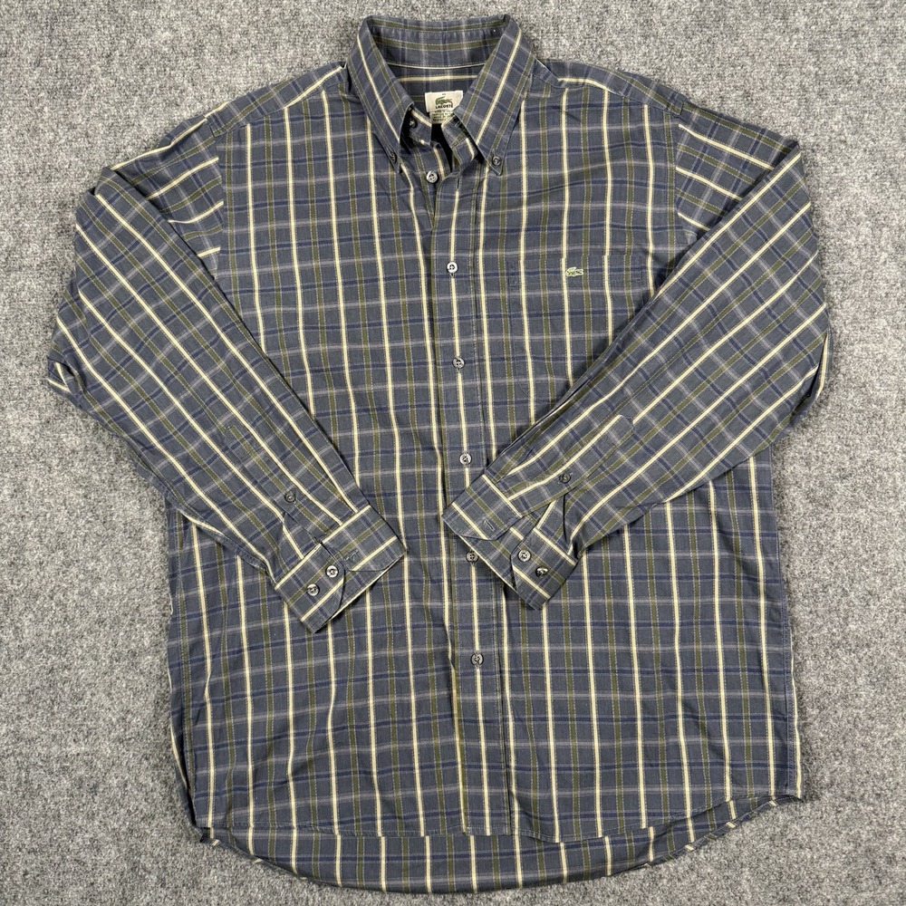 🐊 Lacoste France Vintage Mens 40 Plaid Button Down Shirt Blue Green Long Sleeve